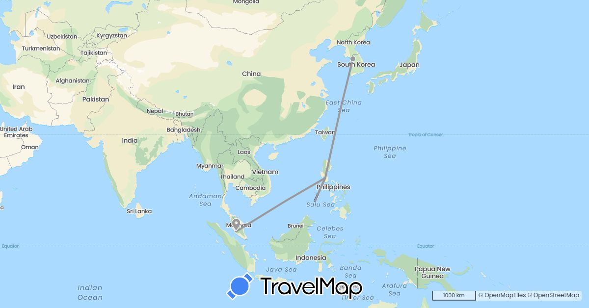 TravelMap itinerary: driving, plane in South Korea, Malaysia, Philippines (Asia)
